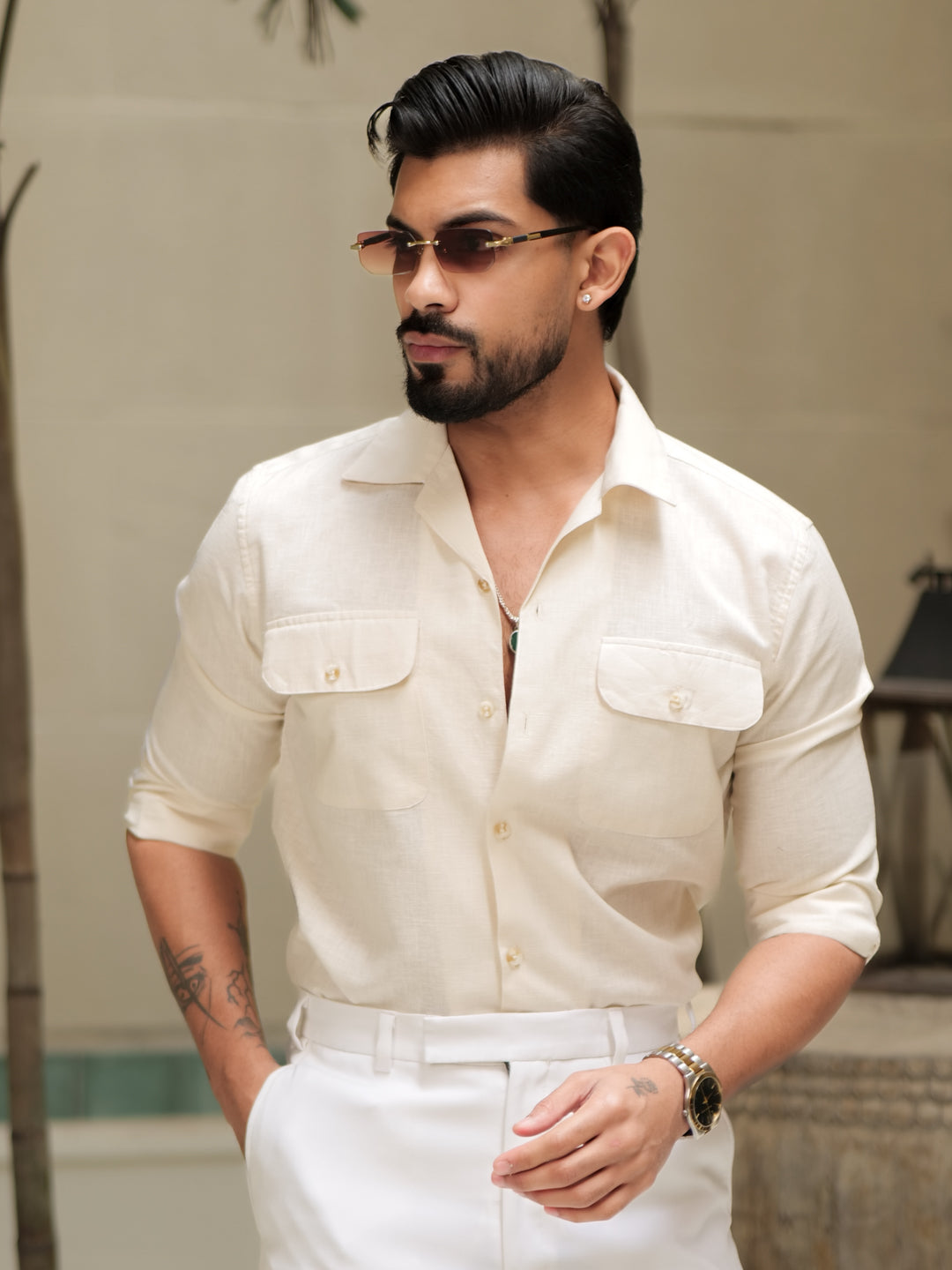 Cream Linen Utility Shirt
