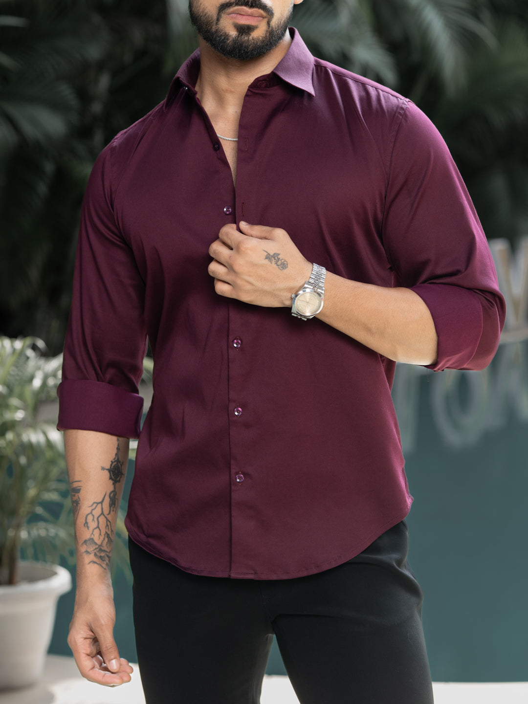 Wine Cotton Stretchable Shirt