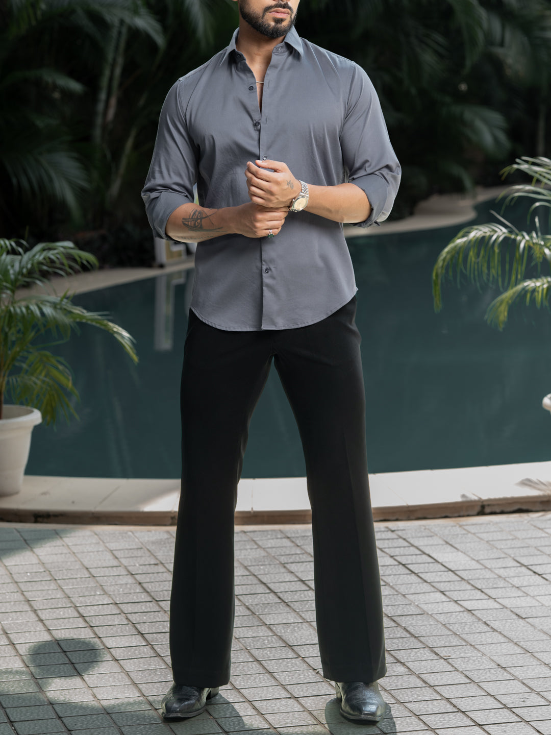 Grey Cotton Stretchable Shirt