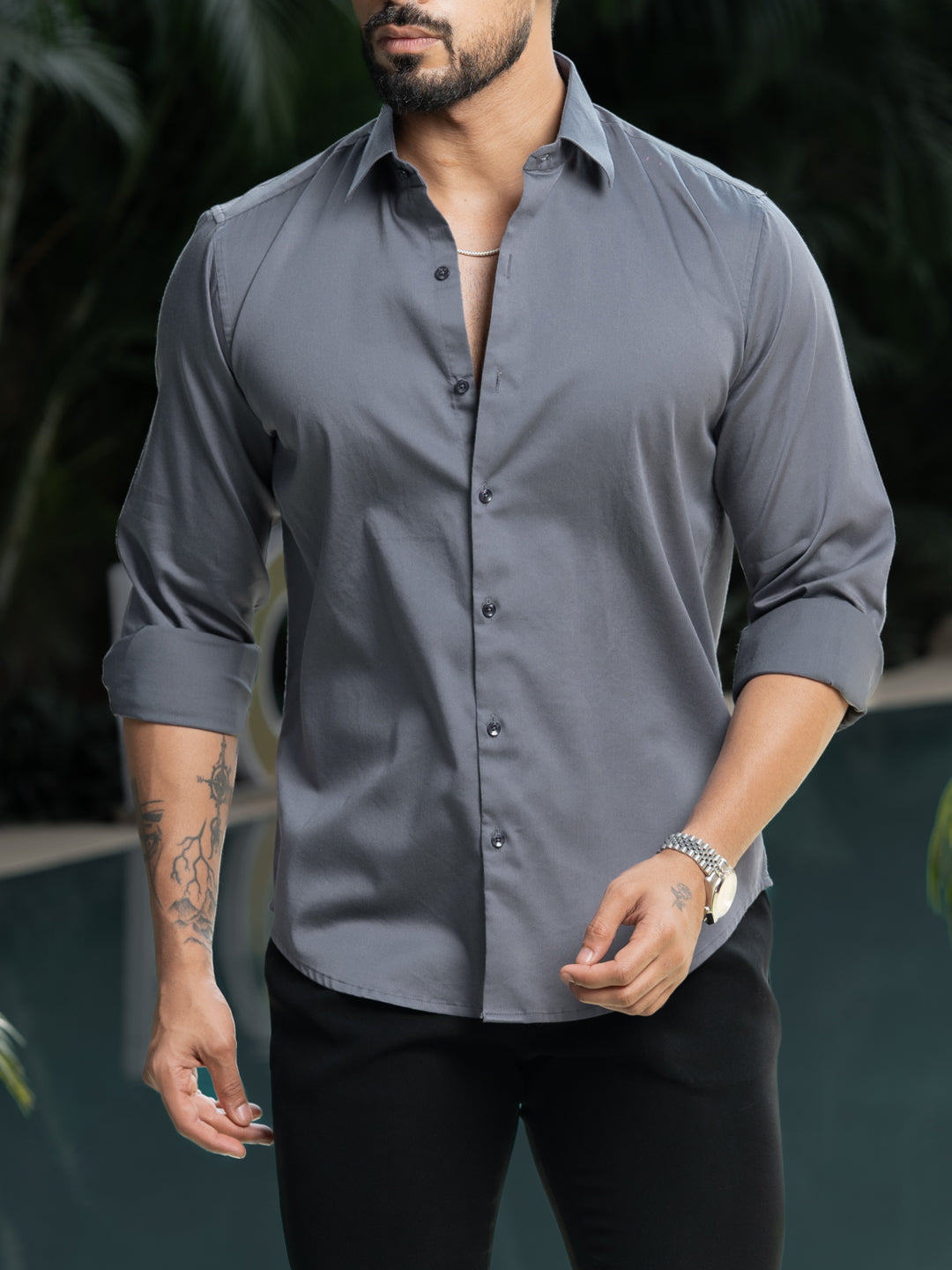 Grey Cotton Stretchable Shirt