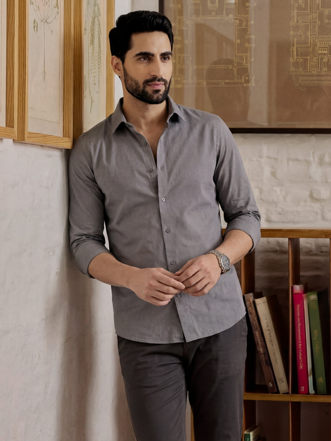 Grey Cotton Stretchable Shirt