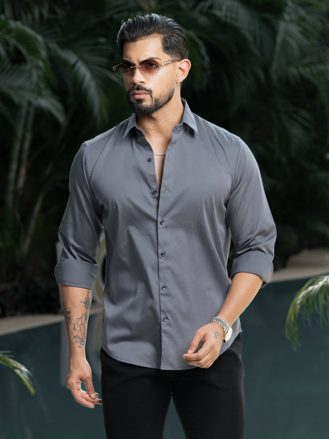 Grey Cotton Stretchable Shirt