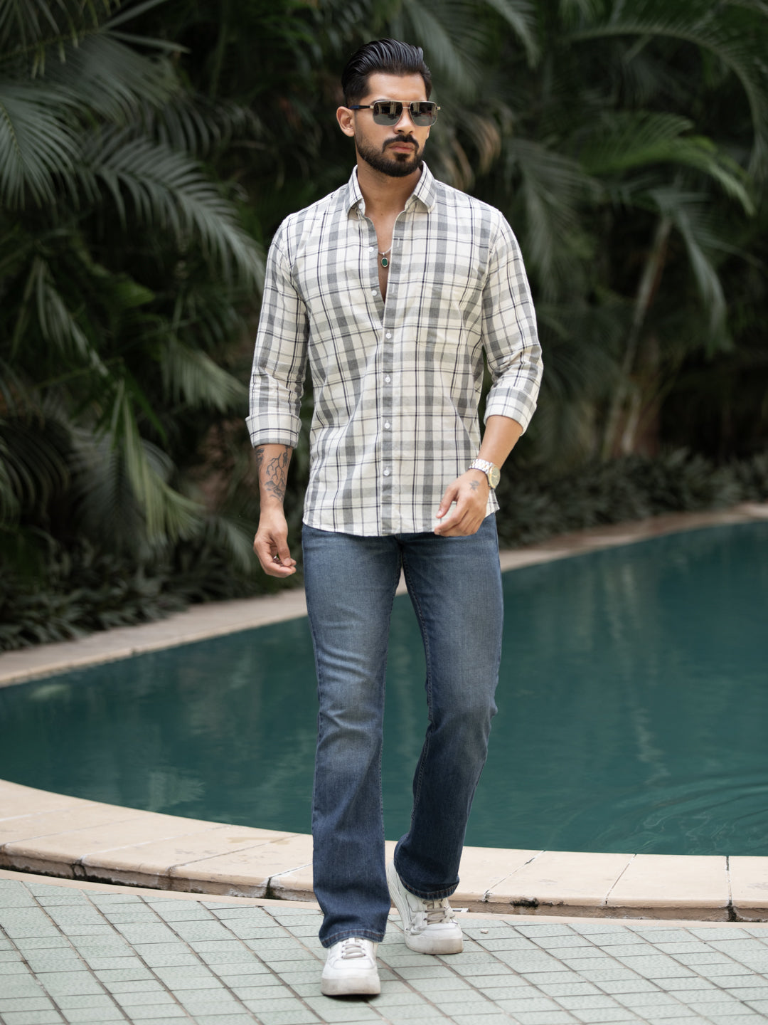 Cream Plaid Check Shirt