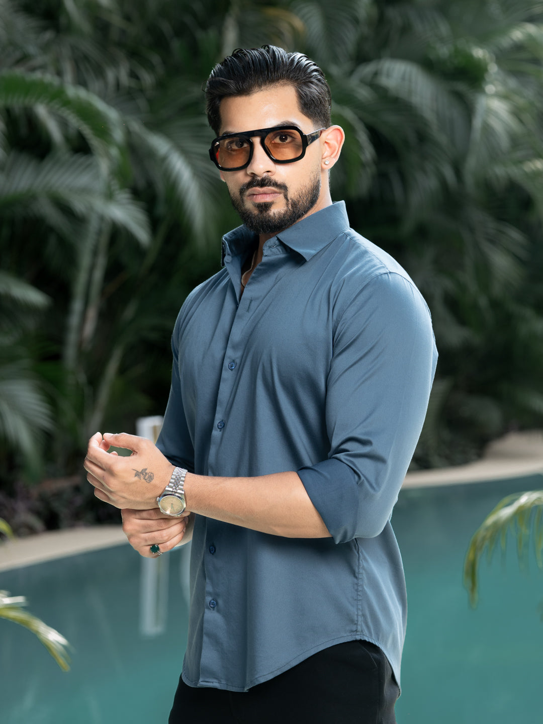 French Blue Cotton Stretchable Shirt