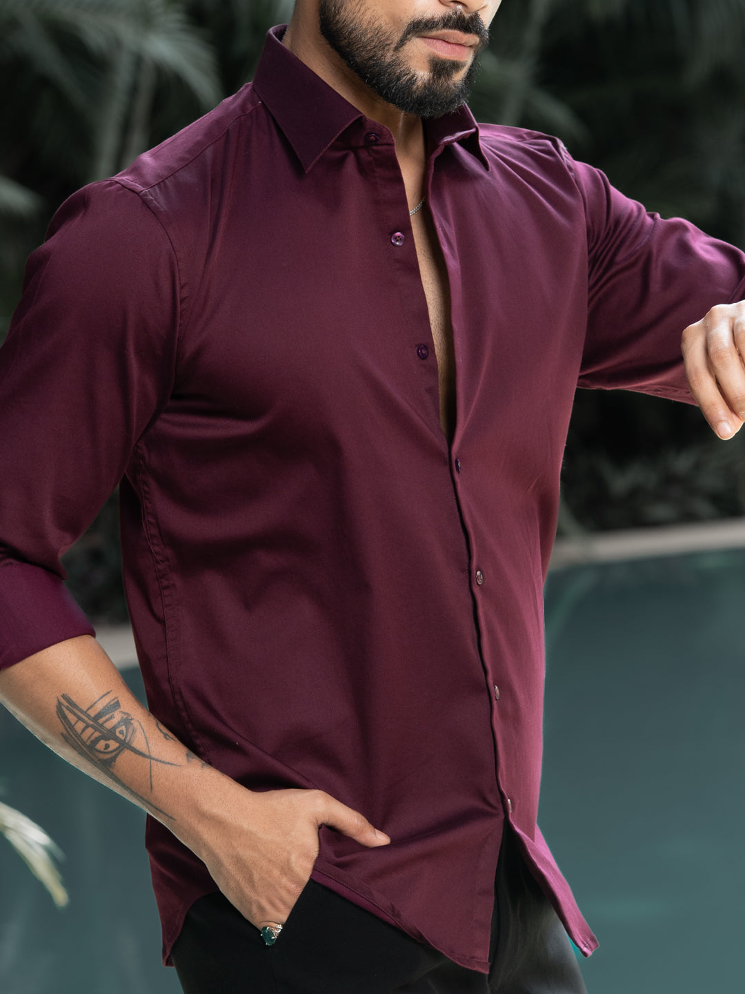 Wine Cotton Stretchable Shirt