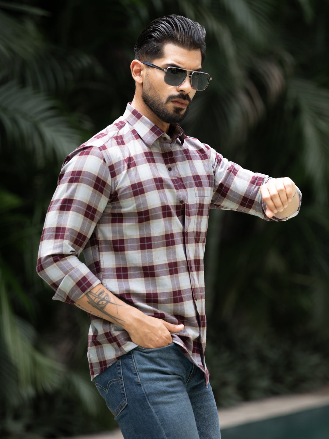 Maroon Grid Check Shirt