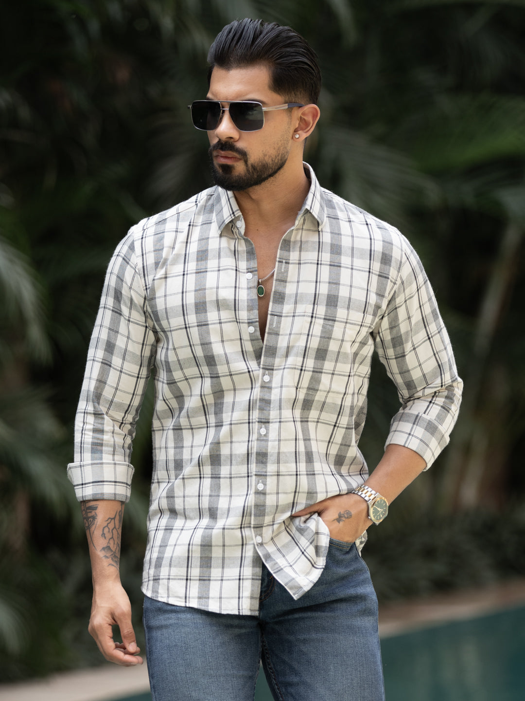 Cream Plaid Check Shirt