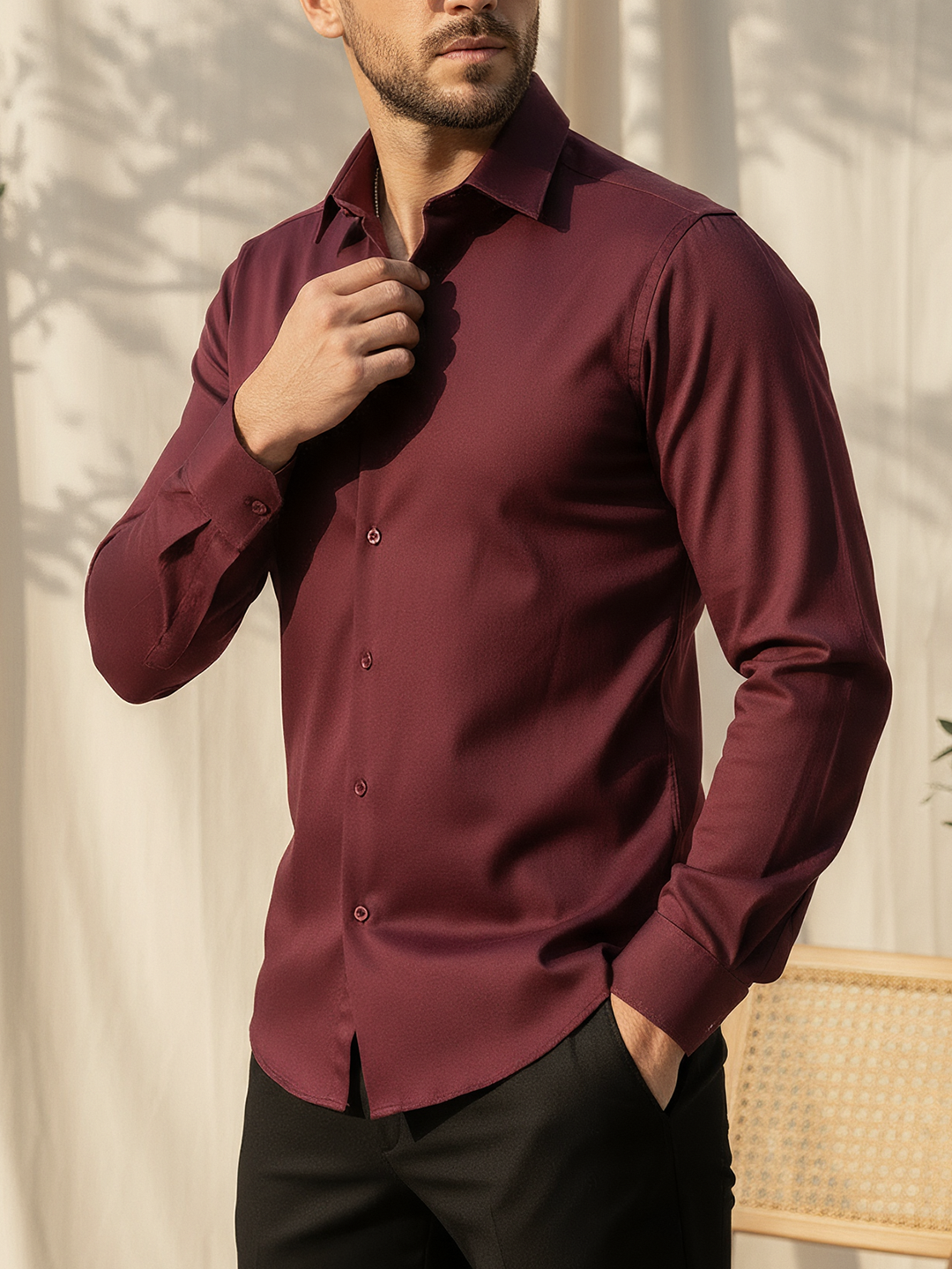 Wine Cotton Stretchable Shirt