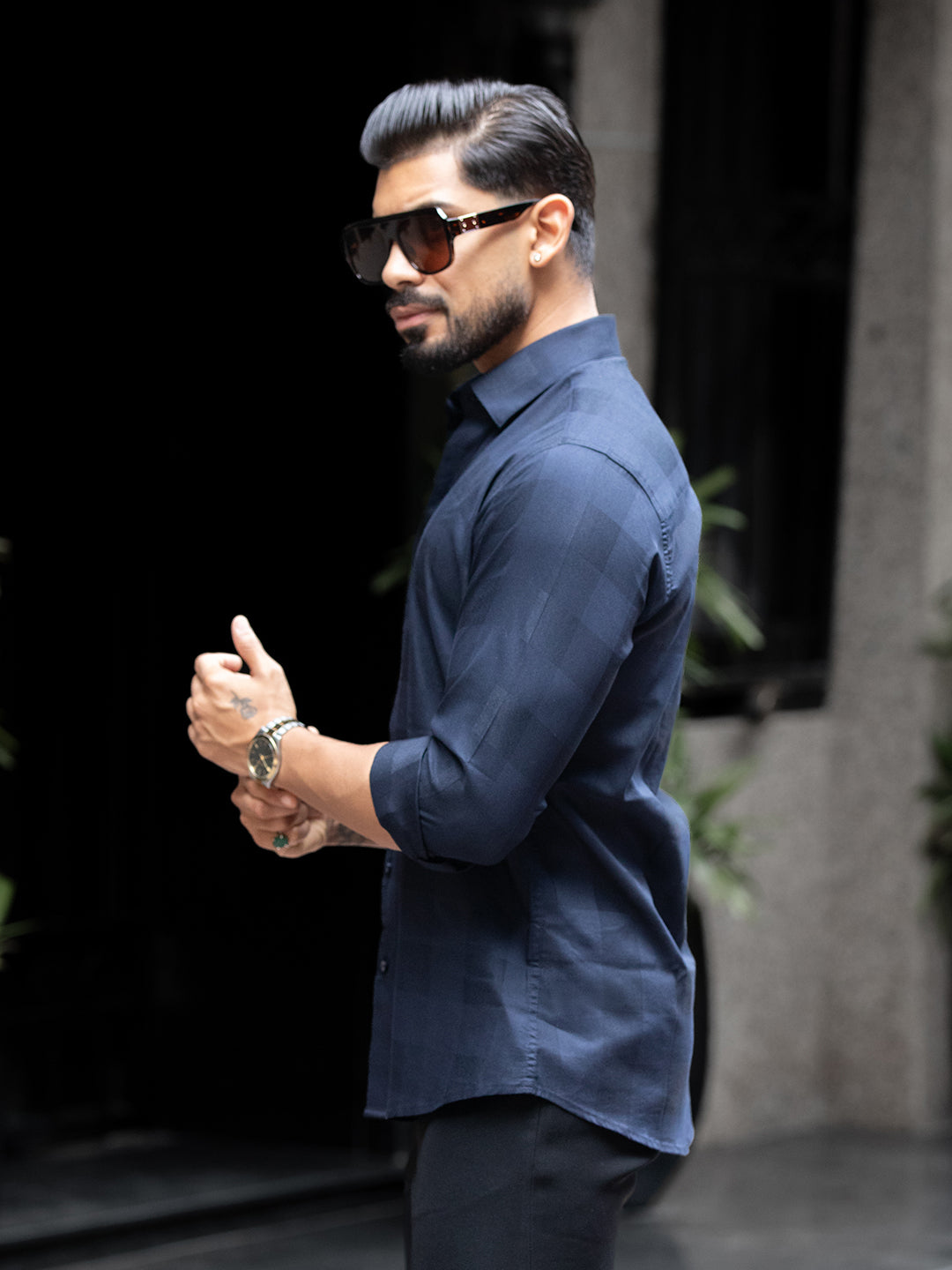 Blue Micro Check Stretch Shirt