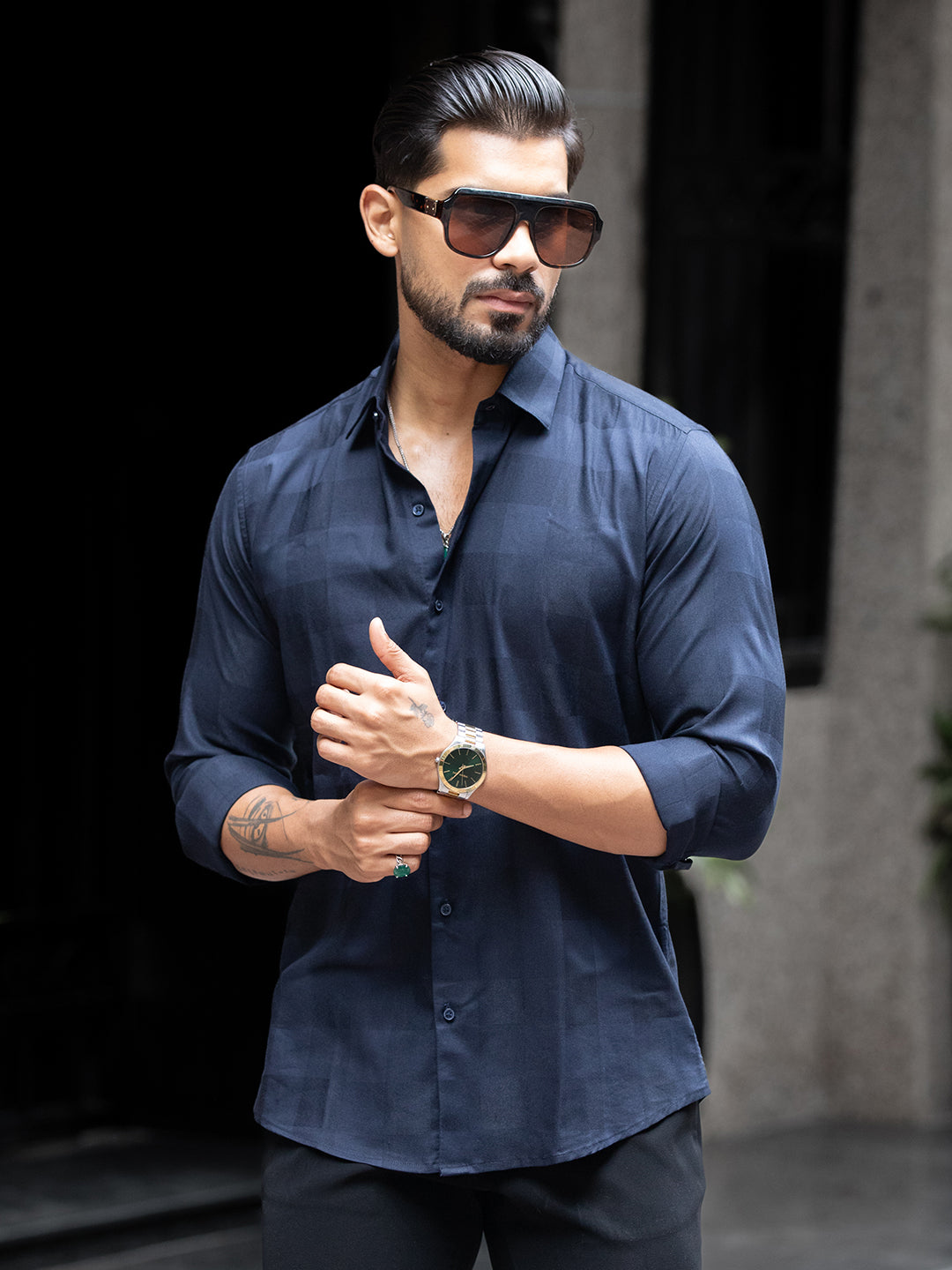 Blue Micro Check Stretch Shirt