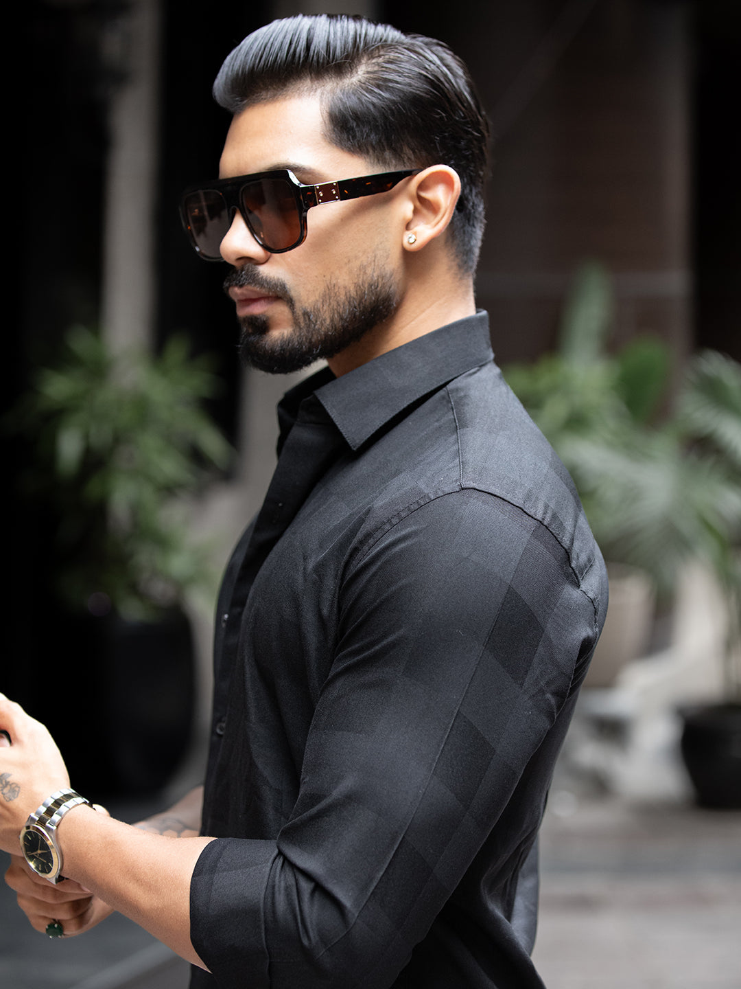 Black Micro Check Stretch Shirt