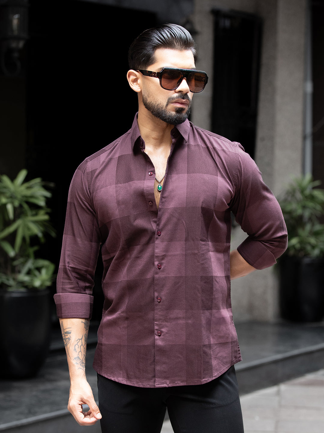 Maroon Macro Check Shirt
