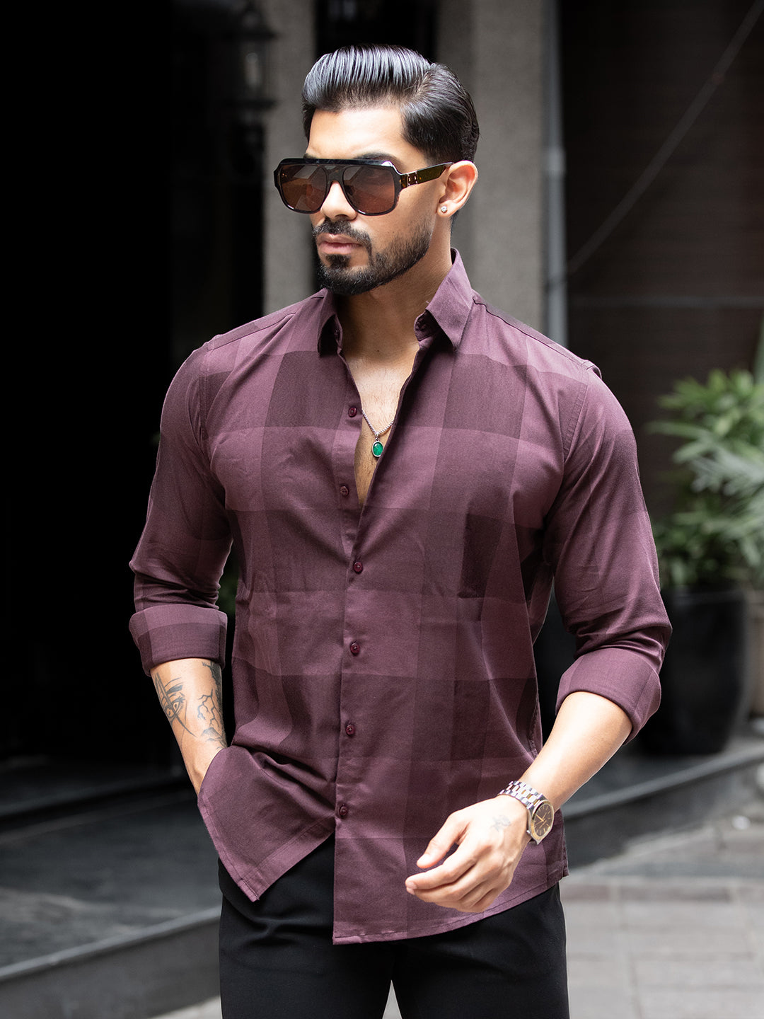 Maroon Macro Check Shirt