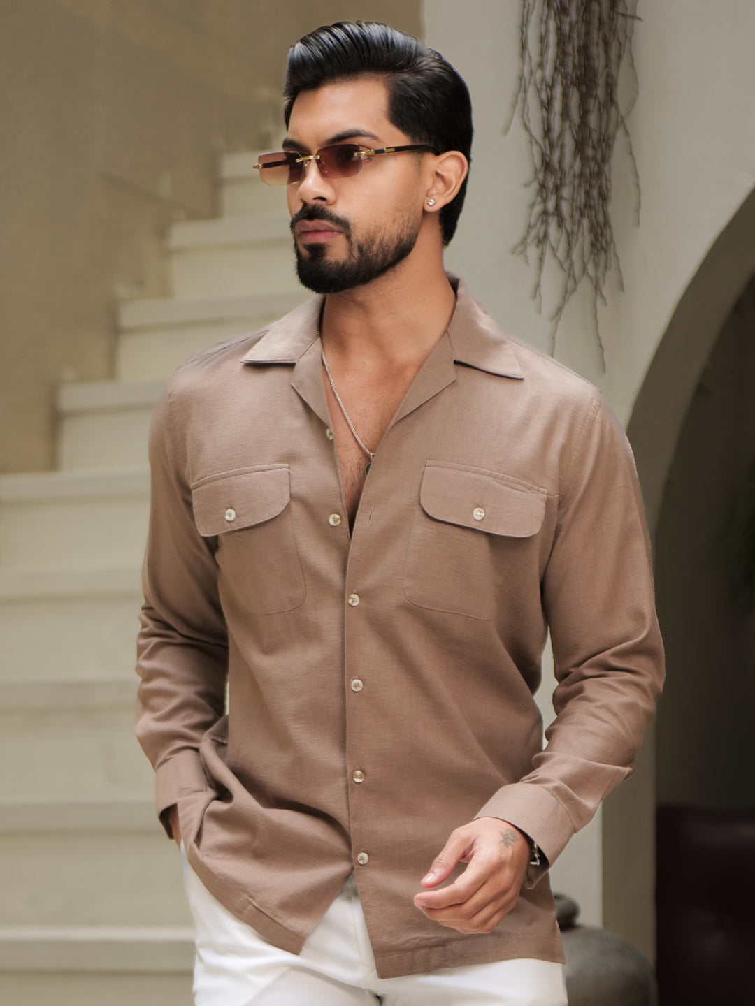 Brown Linen Utility Shirt