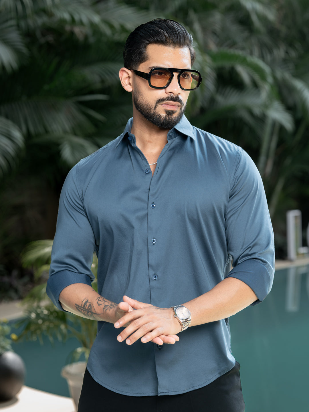 French Blue Cotton Stretchable Shirt
