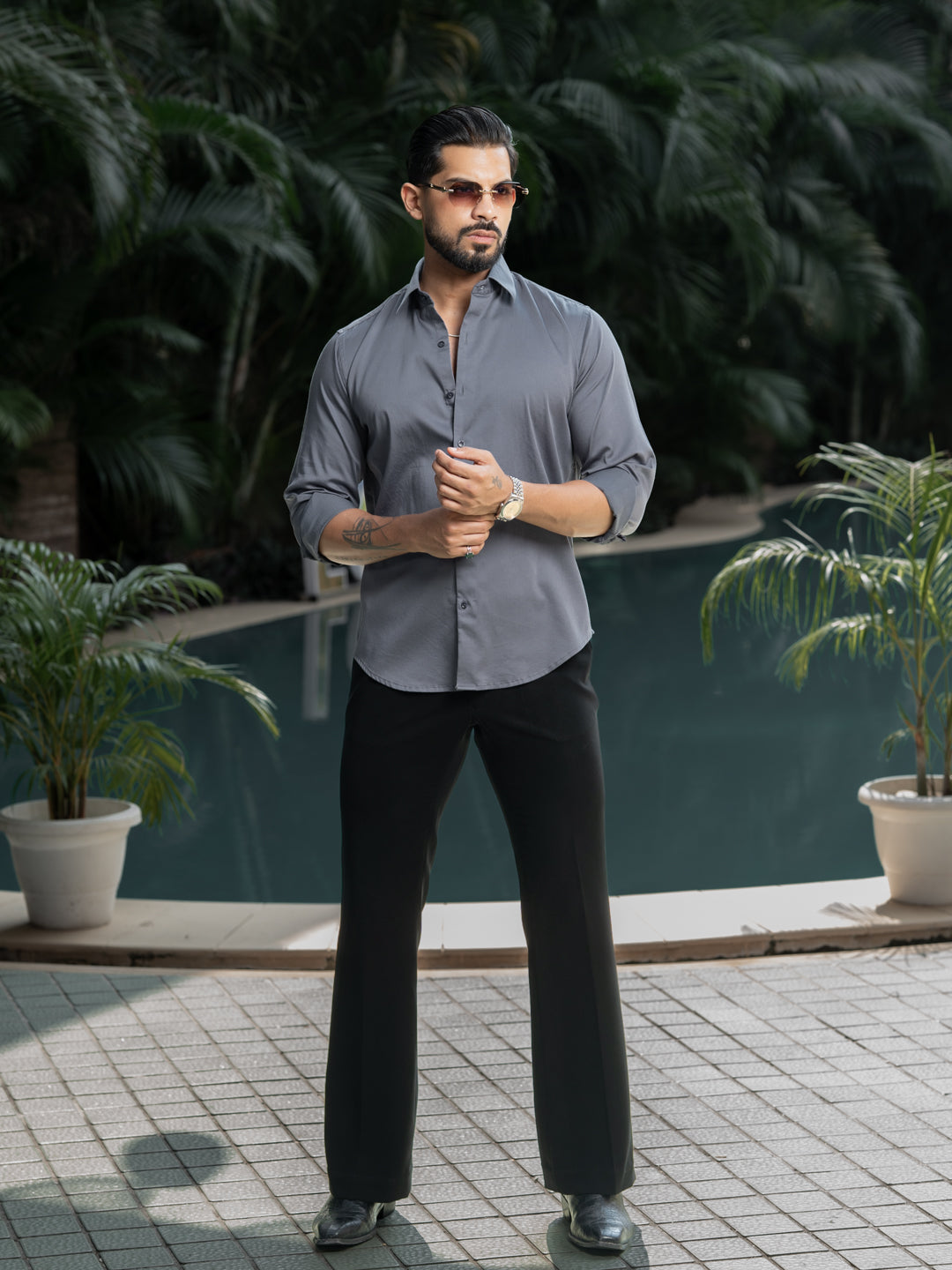 Grey Cotton Stretchable Shirt