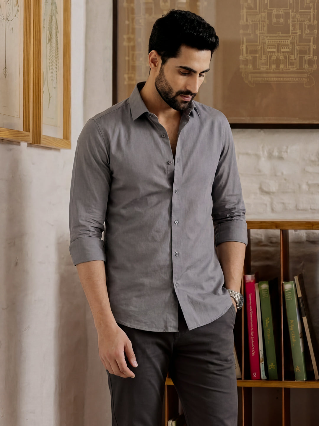 Grey Cotton Stretchable Shirt