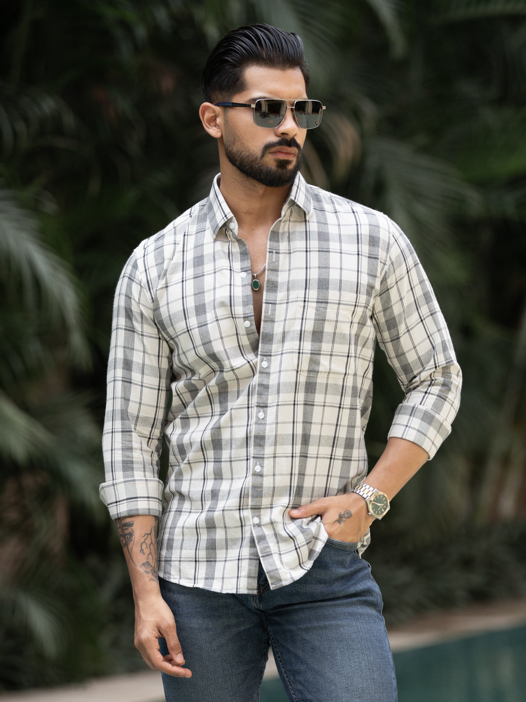 Cream Plaid Check Shirt