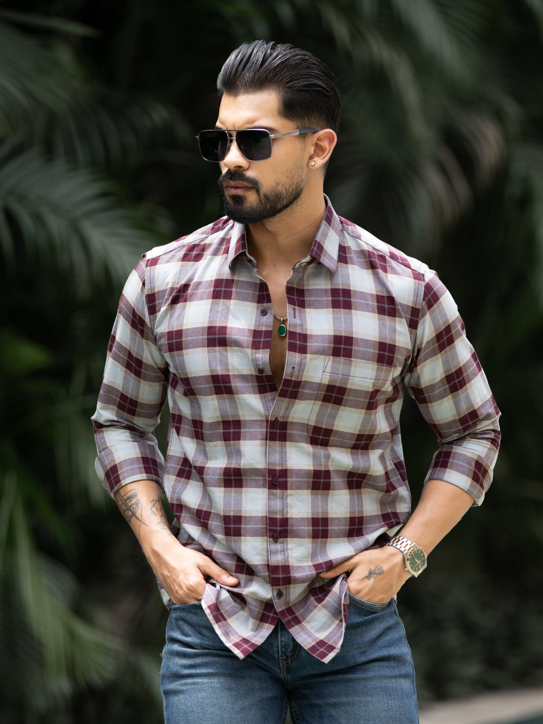 Maroon Grid Check Shirt