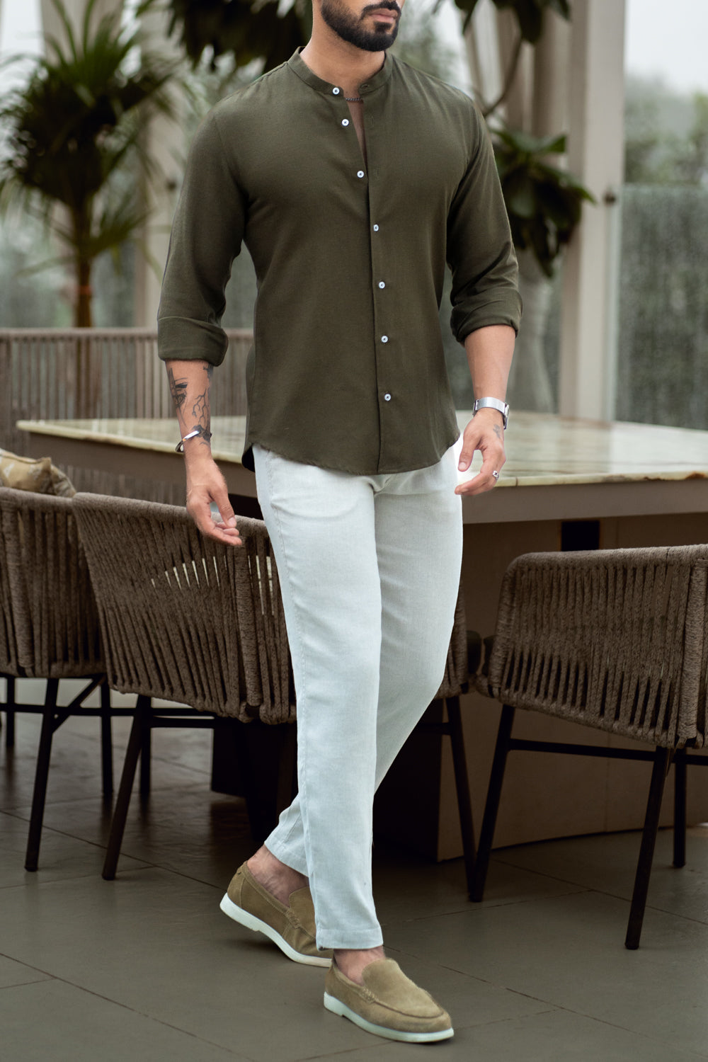 Olive Mandarin Collar Shirt