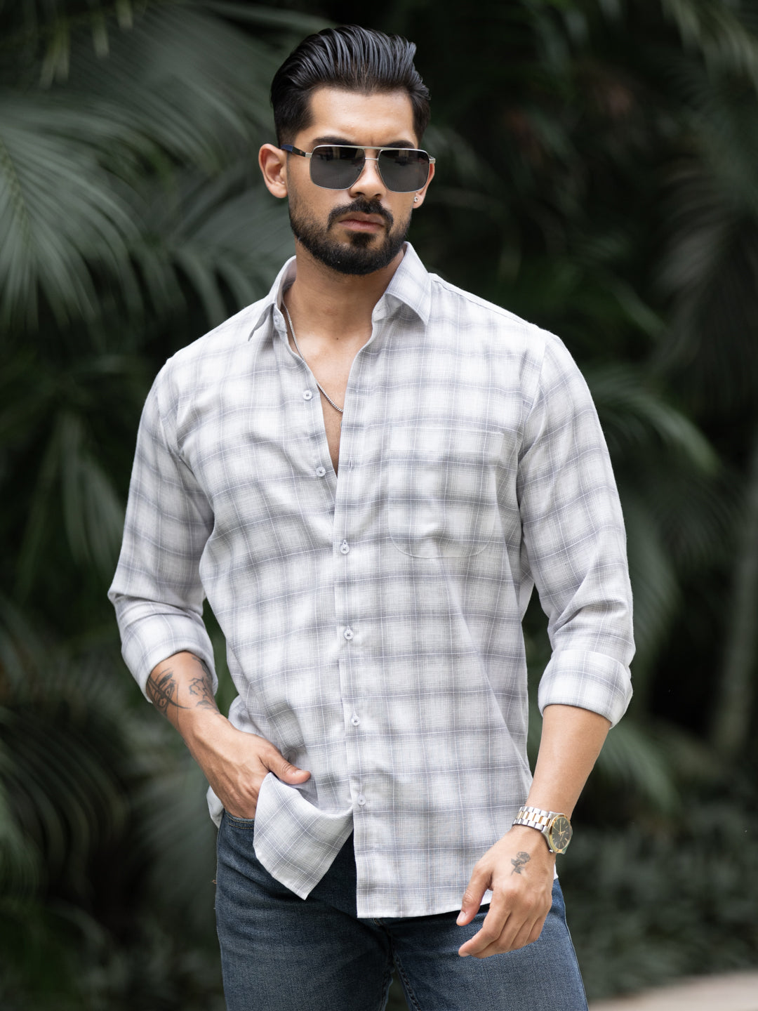Grey Minimal Check Shirt