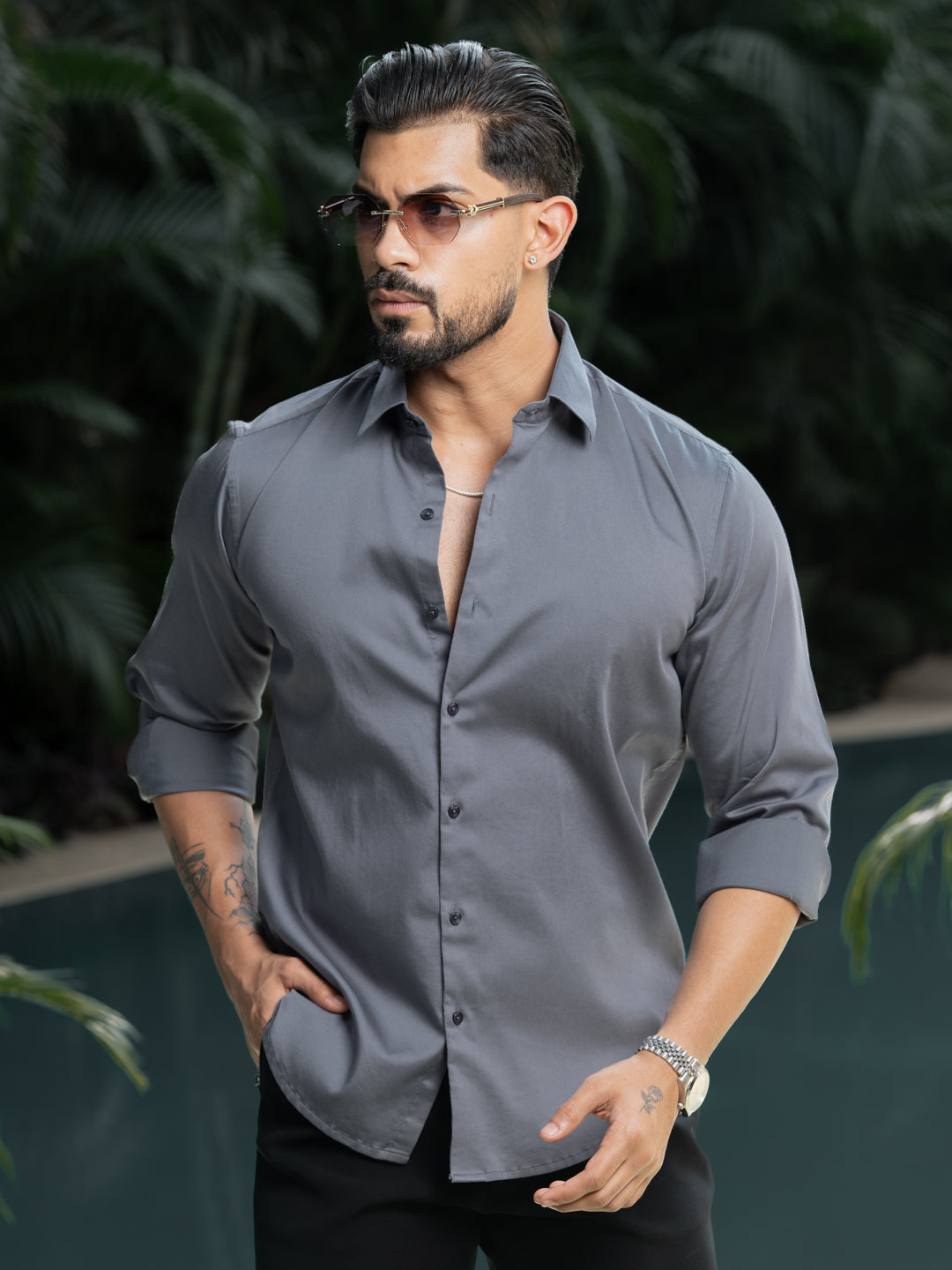 Grey Cotton Stretchable Shirt