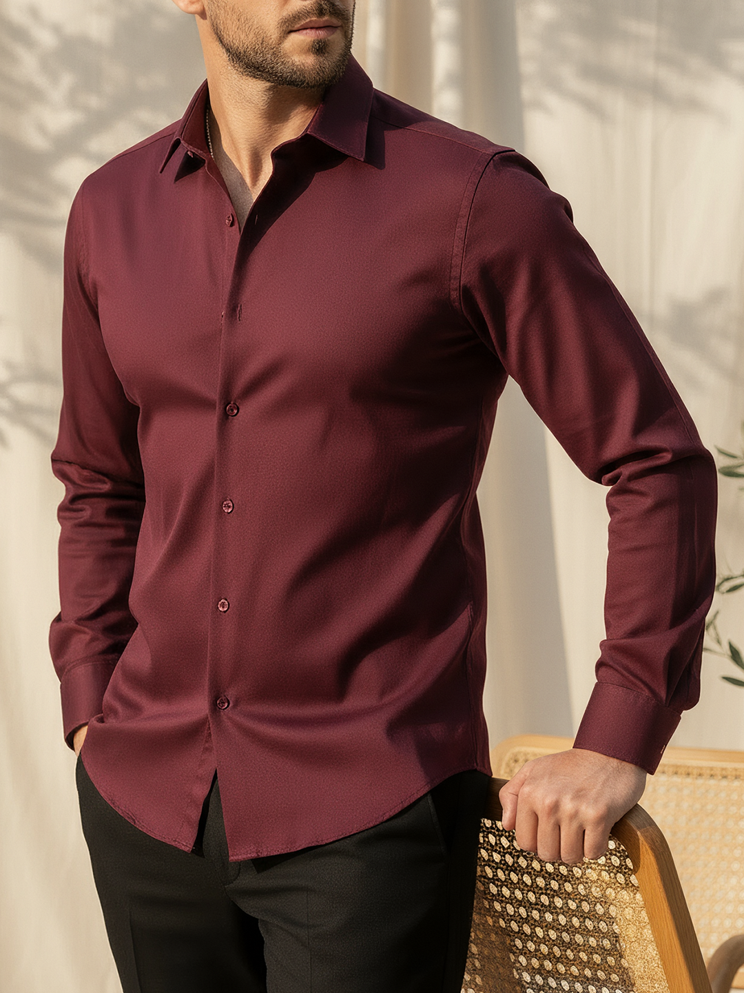 Wine Cotton Stretchable Shirt