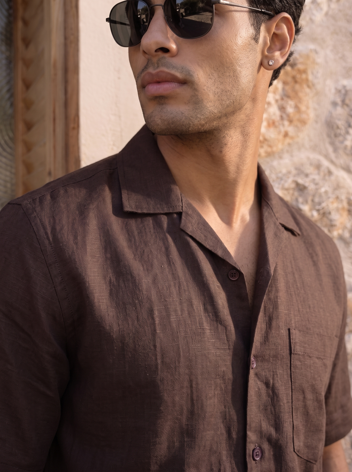 Brown Half Sleeve Linen