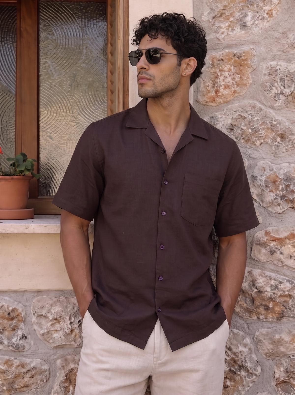 Brown Half Sleeve Linen