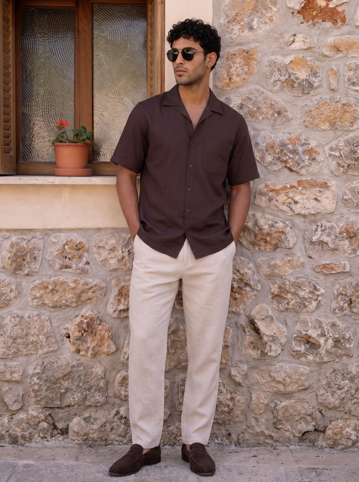 Brown Half Sleeve Linen