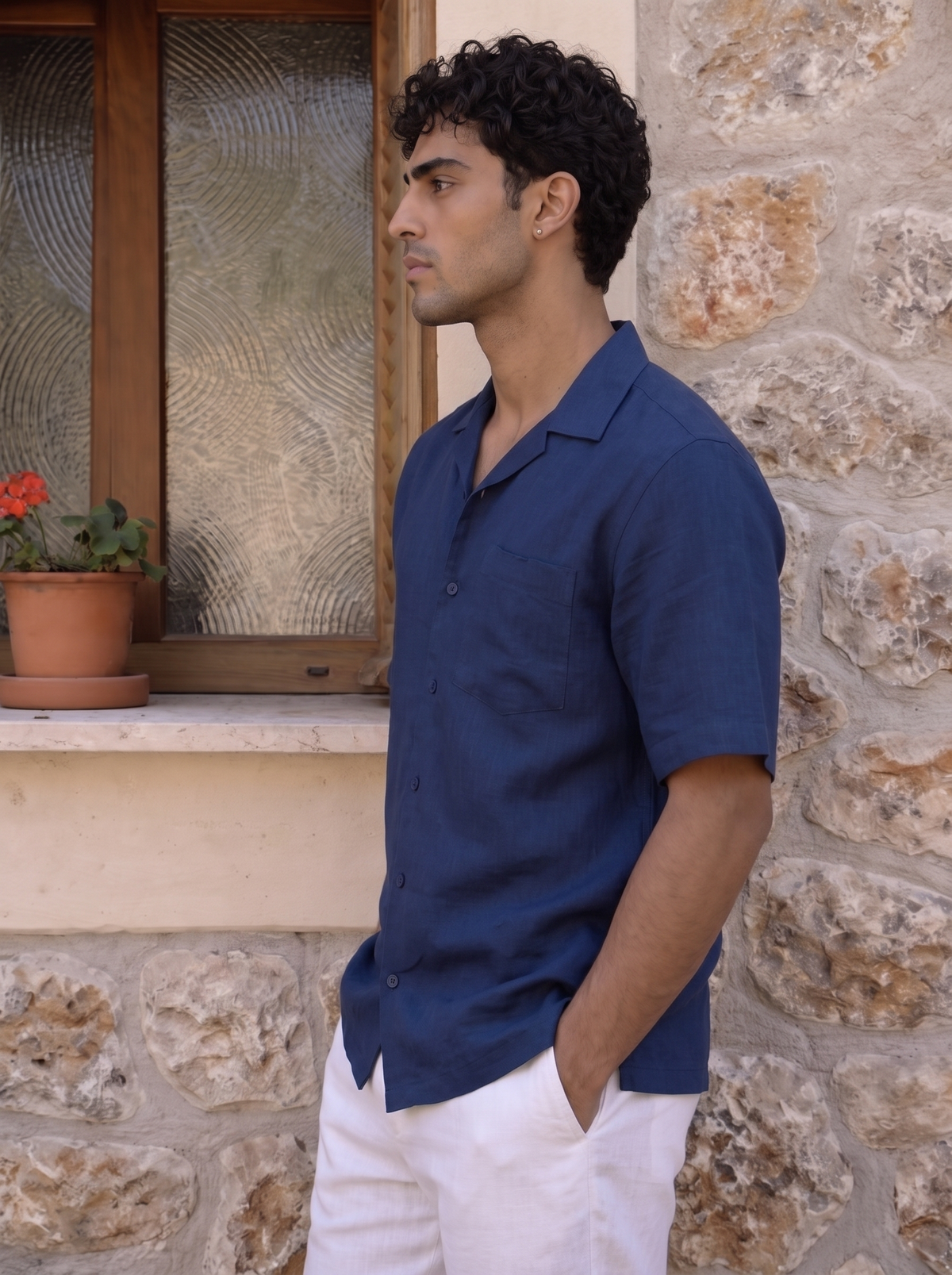 Blue Half Sleeve Linen