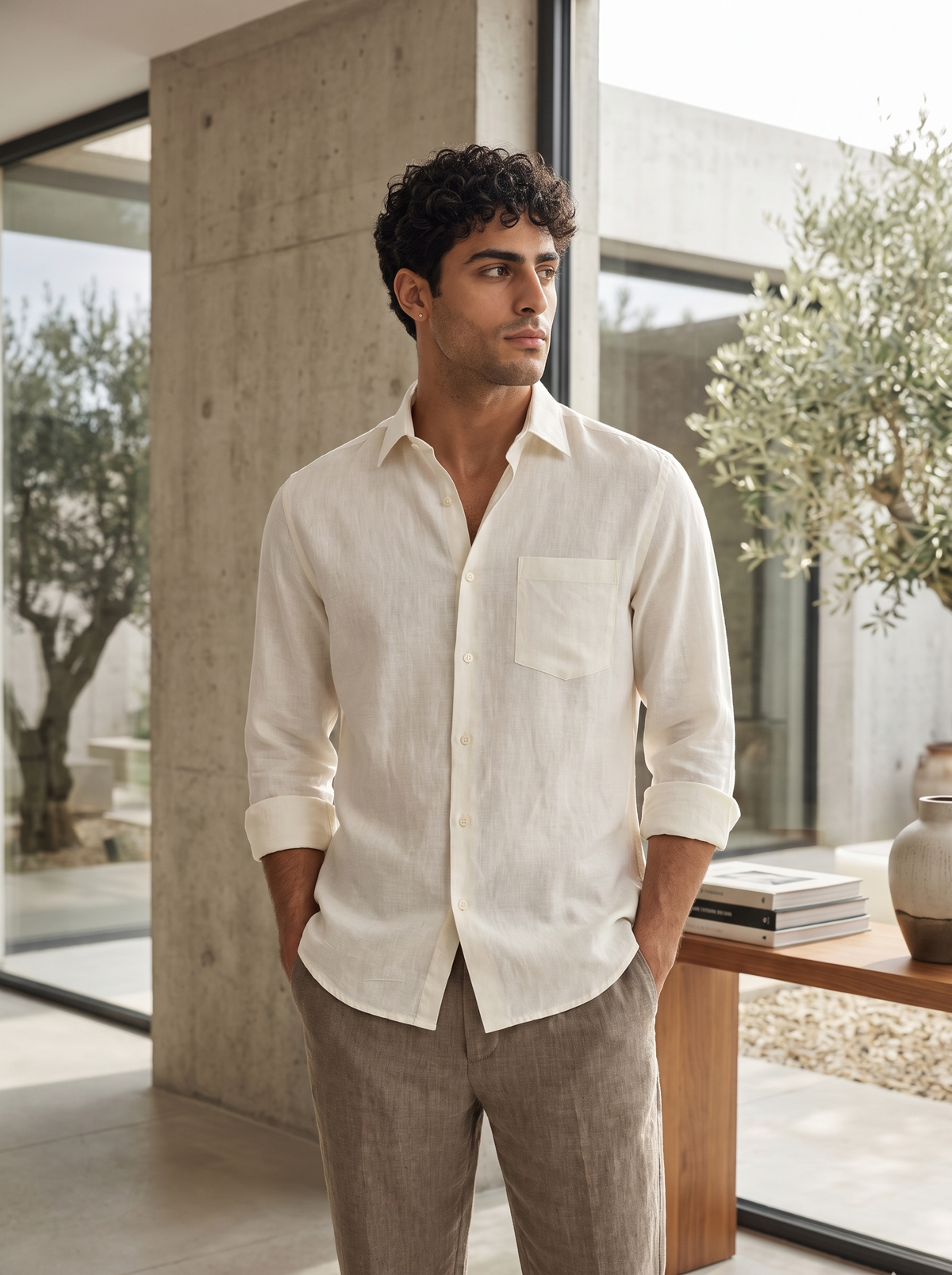 Cream Casual Linen Shirt